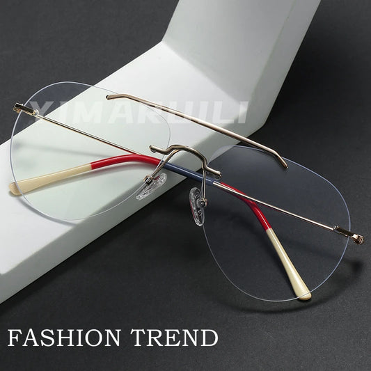 YIMARUILI Fashion Ultralight Pilot Men's Rimless Glasses Retro Trend Big Size Optical Prescription Eyeglasses Frame Women 1870