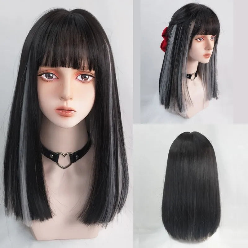 VICWIG Synthetic High Temperature Fiber Long Straight Wigs for Women Purple Gray Green Cosplay With Bangs