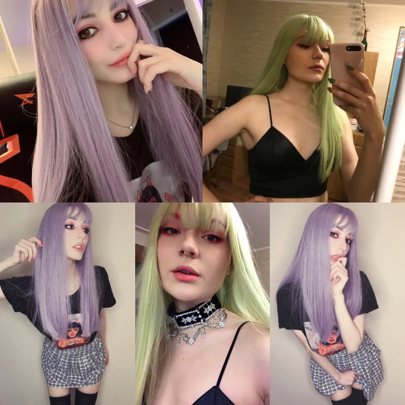 VICWIG Synthetic High Temperature Fiber Long Straight Wigs for Women Purple Gray Green Cosplay With Bangs