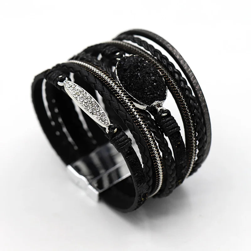 VONNOR Women Bracelet Jewelry Multilayer Leather Rope Chain Alloy Inlaid Rhinestone Bracelets Female Accessories Dropshipping