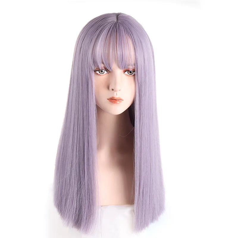 VICWIG Synthetic High Temperature Fiber Long Straight Wigs for Women Purple Gray Green Cosplay With Bangs