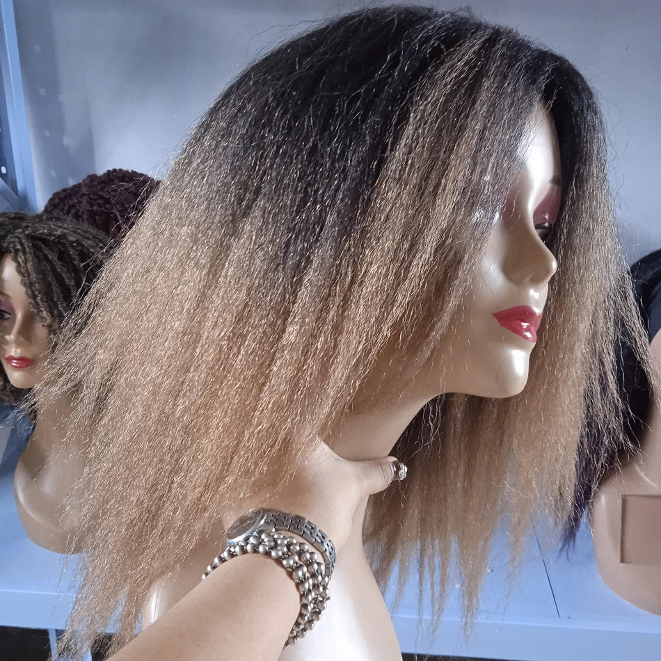 Ombre Synthetic Wig For Women Medium Part Women Kinky Curly Afro Hair Wigs Yaki Straight Wigs Black Natural Female Wigs cosplay