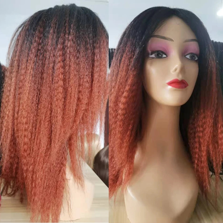 Ombre Synthetic Wig For Women Medium Part Women Kinky Curly Afro Hair Wigs Yaki Straight Wigs Black Natural Female Wigs cosplay