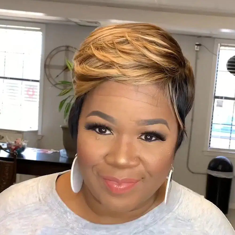 WIGERA Highlight Synthetic Wigs Short Straight Pixie Cut Hair Bob Wig Honey Gold Mix Black Hair For Woman