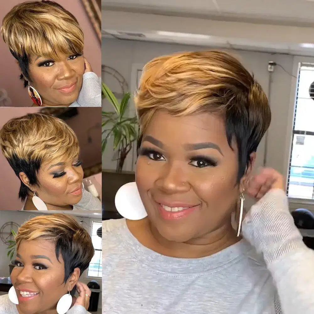 WIGERA Highlight Synthetic Wigs Short Straight Pixie Cut Hair Bob Wig Honey Gold Mix Black Hair For Woman