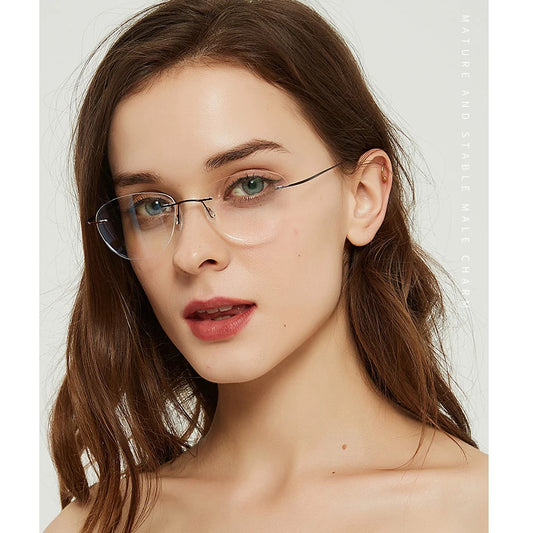 Women Titanium alloy Screwless Rimless Cat Eye Glasses Frame, Ultralight Frameless Optical Frames For Prescription Myopia F860