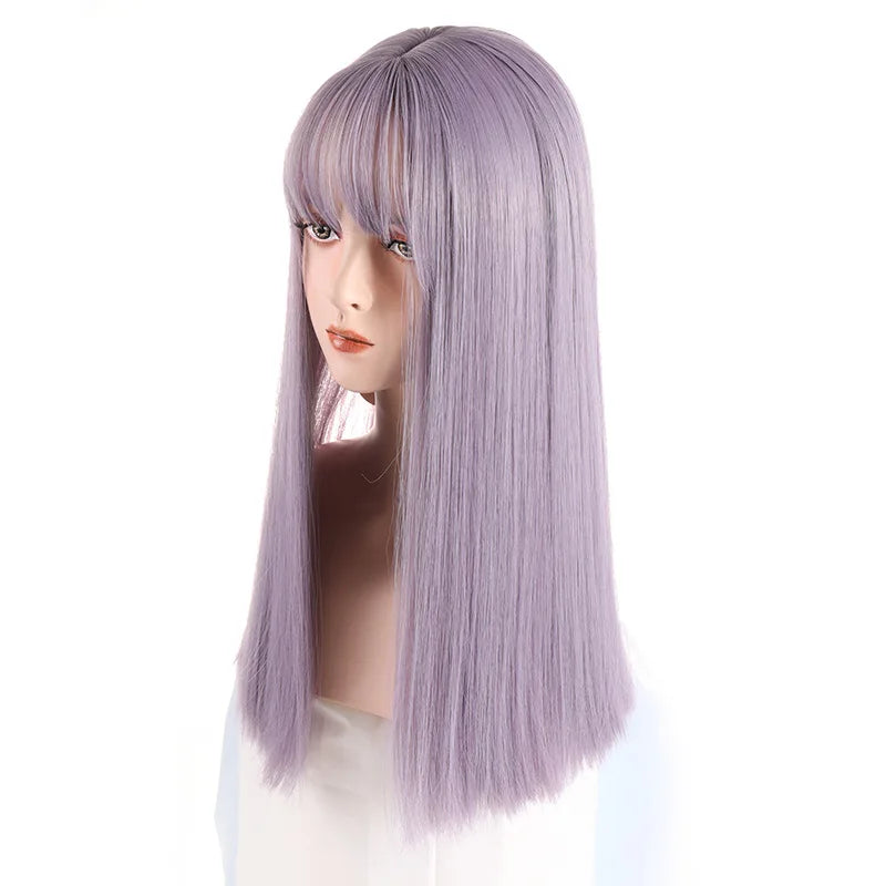 VICWIG Synthetic High Temperature Fiber Long Straight Wigs for Women Purple Gray Green Cosplay With Bangs