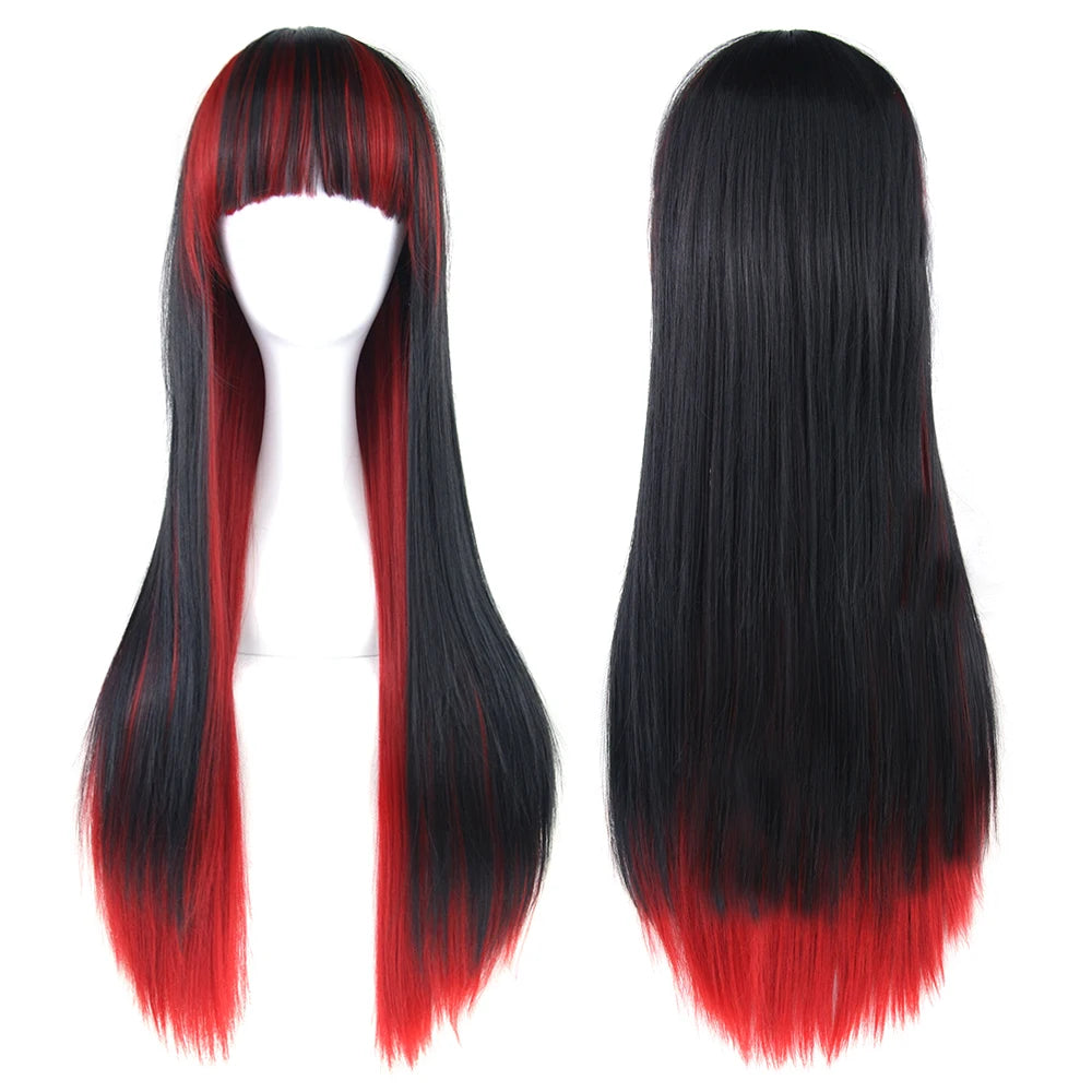 Soowee Synthetic Hair Ombre Rainbow Cosplay Wig with Bangs Red Yellow Purple Green Blue Wigs for Black Women