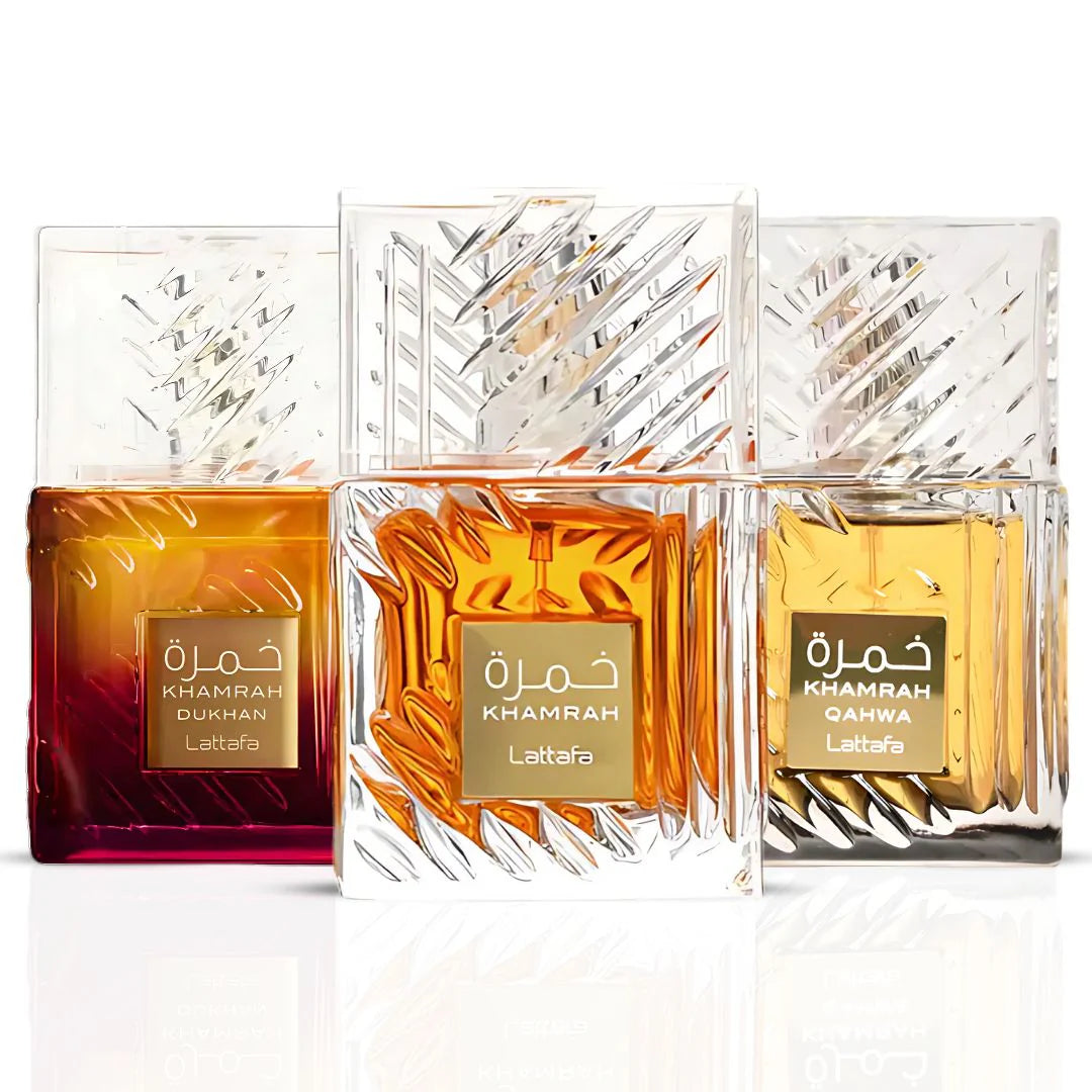 Khamrah, Khamrah Qahwa & Khamrah Dukhan Eau De Parfum Sprays 100ML (3.4 OZ) by Lattafa | Three collection
