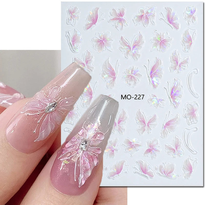 5d Embossed Nail Art Stickers Golden Lines Semi-Transparent Purple Blue Flowers Decals Decorations For Nail Tips Manicures
