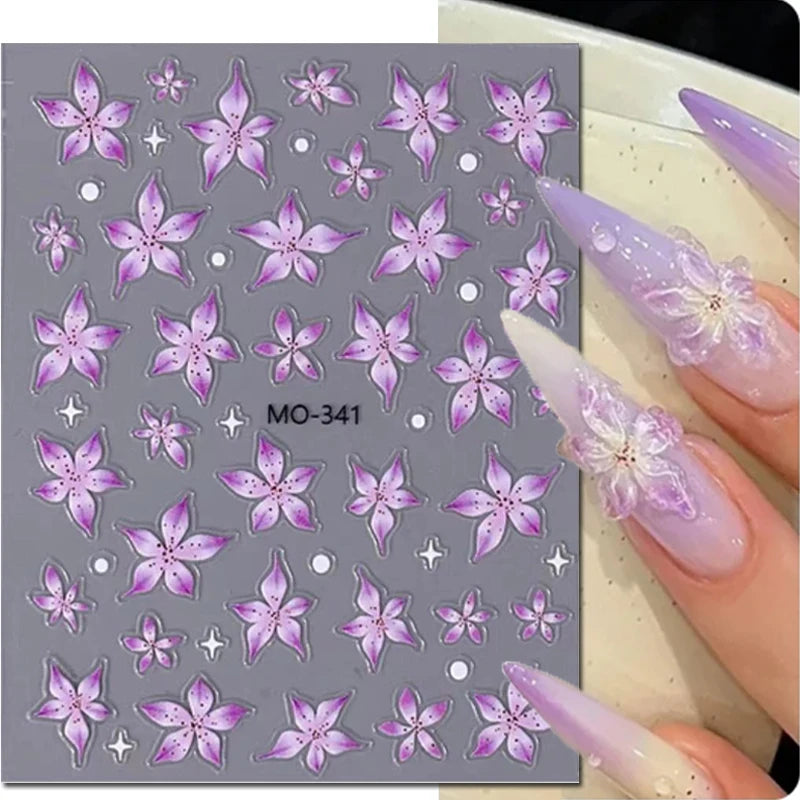 5d Embossed Nail Art Stickers Golden Lines Semi-Transparent Purple Blue Flowers Decals Decorations For Nail Tips Manicures