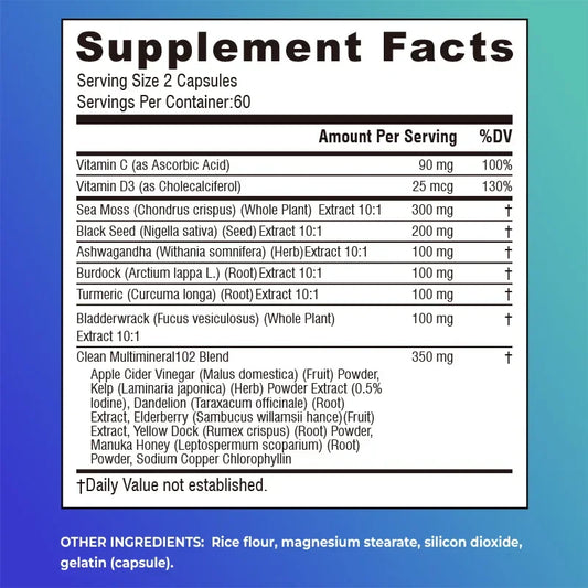 Sea Moss,Black Seed Oil,Ashwagandha & Burdock Root - Promotes Digestion, Bone and Joint Health