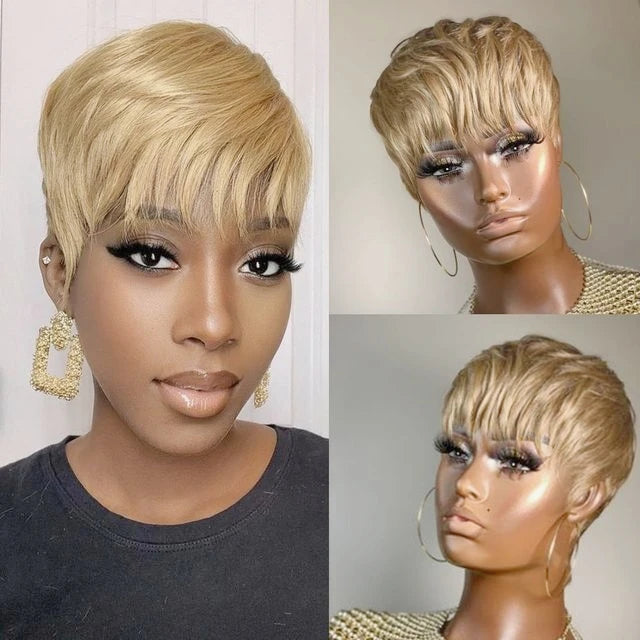 WIGERA Highlight Synthetic Wigs Short Straight Pixie Cut Hair Bob Wig Honey Gold Mix Black Hair For Woman