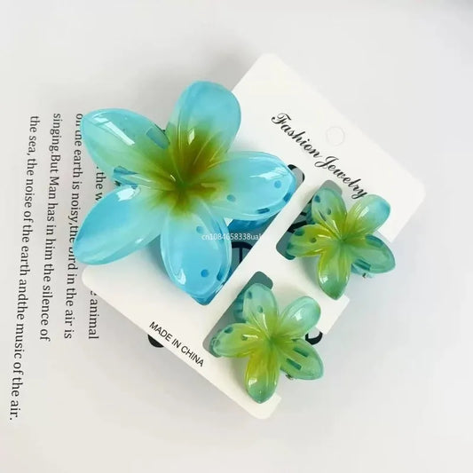 3Pc Sweet Colorful Plumeria Flower Shark Clips Hair Claw Bohemian Ponytail Clip Plastic Hairpin Barrette Summer Hair Accessories