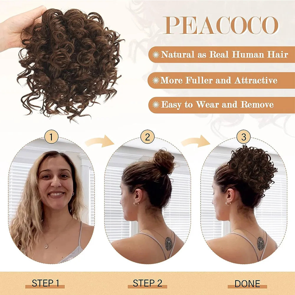 Curly Elastic Drawstring Hair Bun Wave Messy Bun Large Full Hair Bun Hairpiece Short Synthetic Ponytail Extension for Women