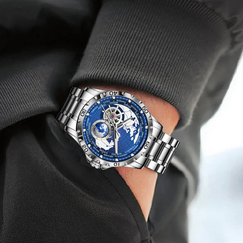 GLENAW 2025 New Earth Series Mechanical Watch Men Rotating Earth Dial Night Light Waterproof Top Luxury Design Mechanical Watch