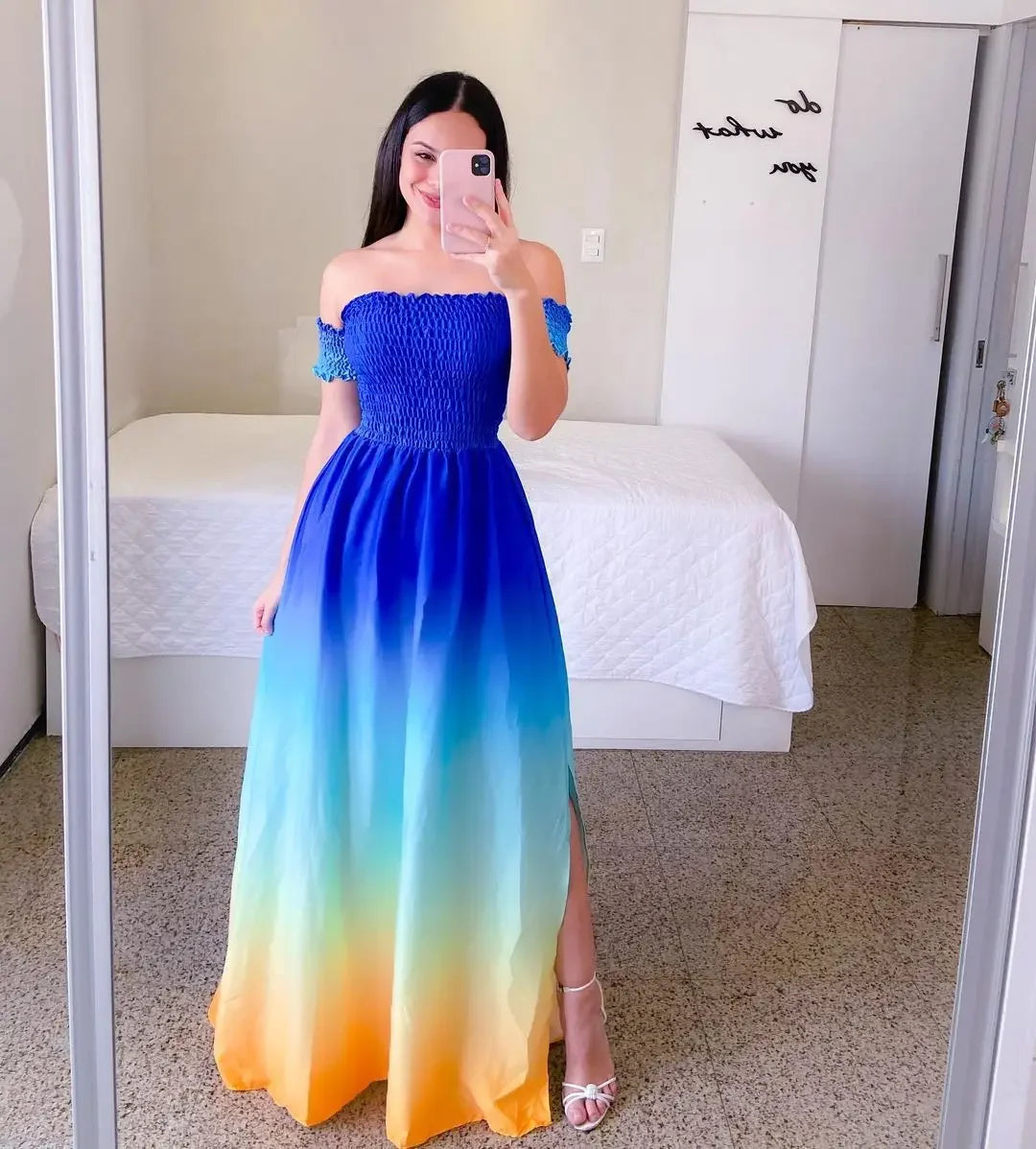 Elegant Off Shoulder Dress Summer Fashion Dresses High Waist Flower Print Short Sleeve Vestidos Robe Clothing