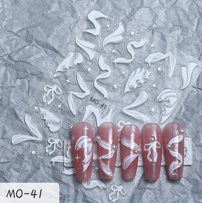 5d Embossed Nail Art Stickers Golden Lines Semi-Transparent Purple Blue Flowers Decals Decorations For Nail Tips Manicures