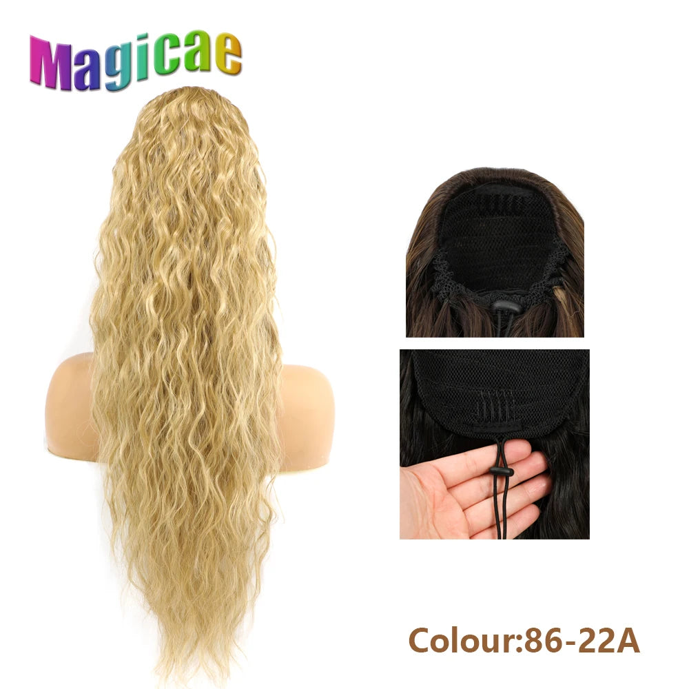 Magicae Long Synthetic Water wave Ponytail Heat resistant Hairpiece Drawstring Hair Clip Ombre Brown Blonde Hair Extensions Pony