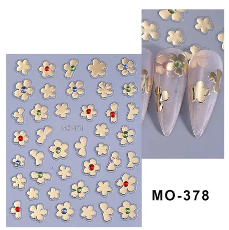 5d Embossed Nail Art Stickers Golden Lines Semi-Transparent Purple Blue Flowers Decals Decorations For Nail Tips Manicures