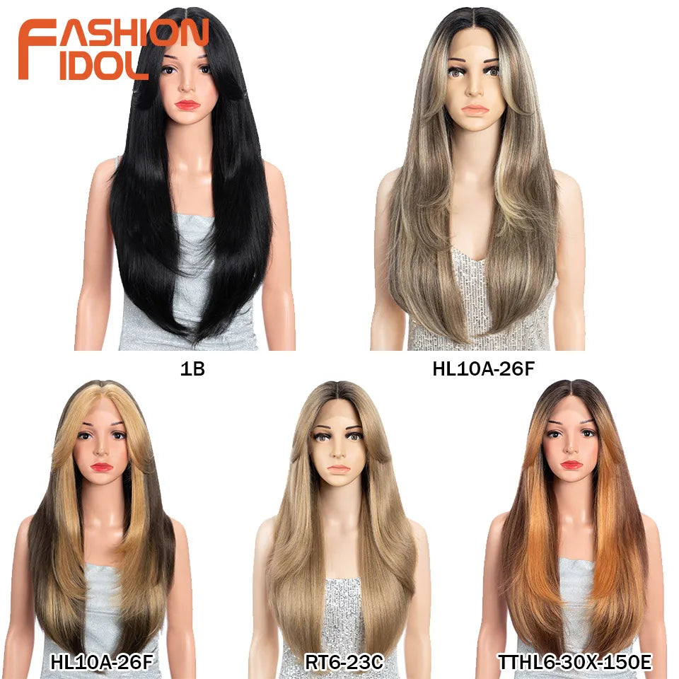 FASHION IDOL 26 Inch Yaki Straight Lace Front Wig Synthetic Hair Ombre Blonde Cosplay Wigs Heat Resistant Fiber Synthetic Hair