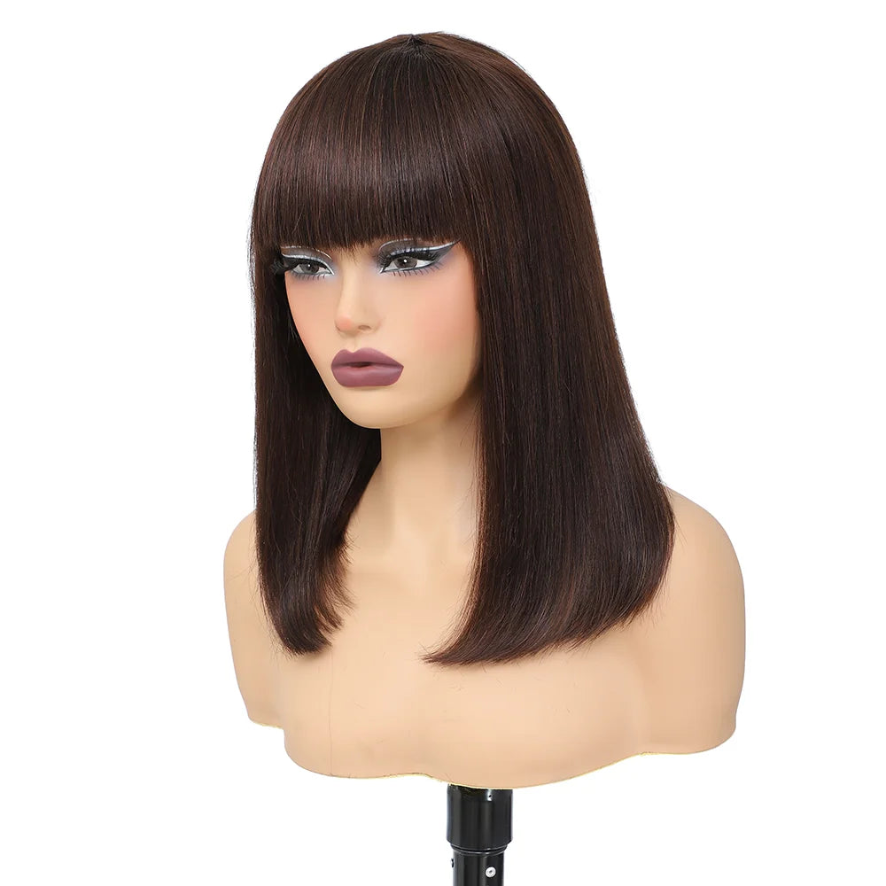 Short Bob Wig Human Hair With Bangs Straight Glueless Ready to Wear Go Wigs For Women Burgundy Machine Made Wig Brazilian Hair