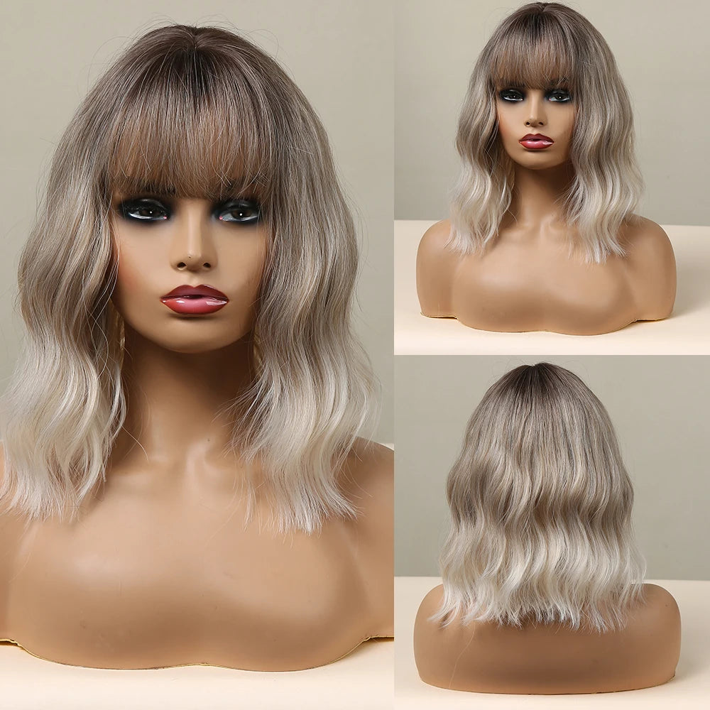 Short Curly Bob Cut Synthetic Wigs with Bangs Light Ginger Orange Water Wave Wig for Black White Women Halloween Heat Resistant