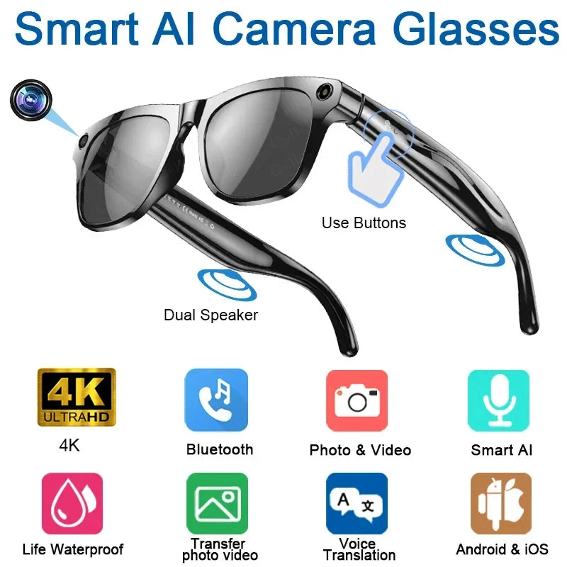 4K HD AI Smart Glasses Chat 260Mah Battery Voice Assistant Control GPT 100MP Camera Bluetooth Call Smart Glasses 2025 New