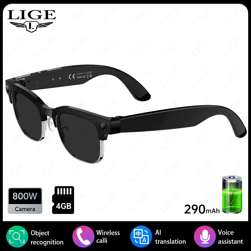 LIGE Languages Translation AI Smart Glasses 2025 8MP Camera Video Recording Sunglasses Bluetooth Call Music Play Men Women