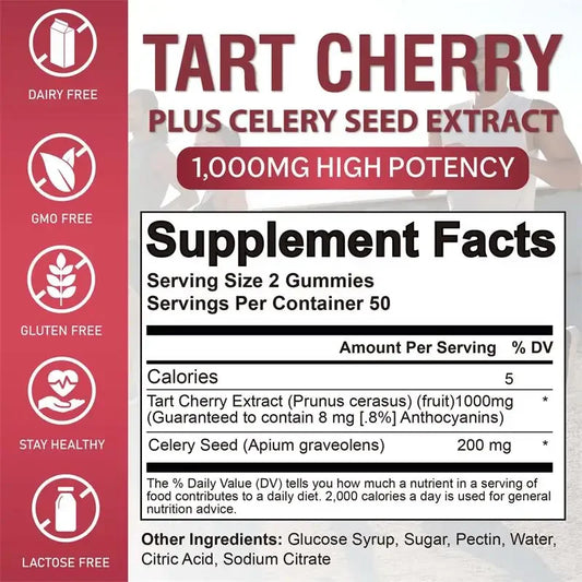 Tart Cherry Gummies - Contains Celery Seeds, Uric Acid Cleansing Flush, Relieves Joint Pain, and Improves Sleep Quality