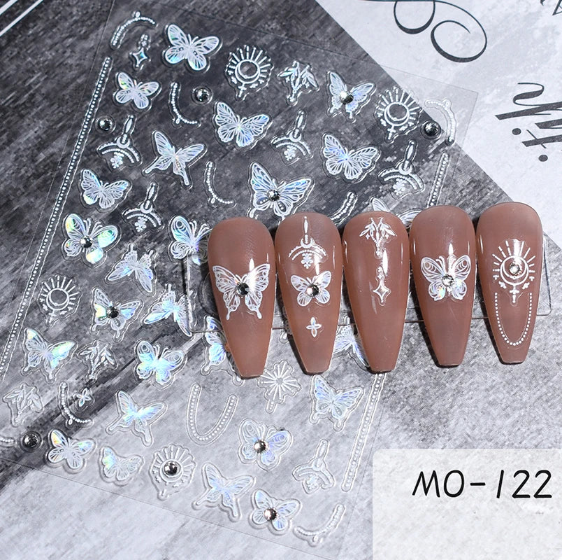 5d Embossed Nail Art Stickers Golden Lines Semi-Transparent Purple Blue Flowers Decals Decorations For Nail Tips Manicures