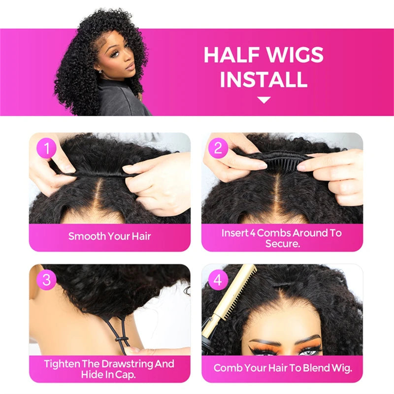 VSHOW Beginner Friendly 3 In 1 Half Wig Human Hair Kinky Curly 3C-4A Machiine Made Invisible Drawstring Glueless Curly Flip Over