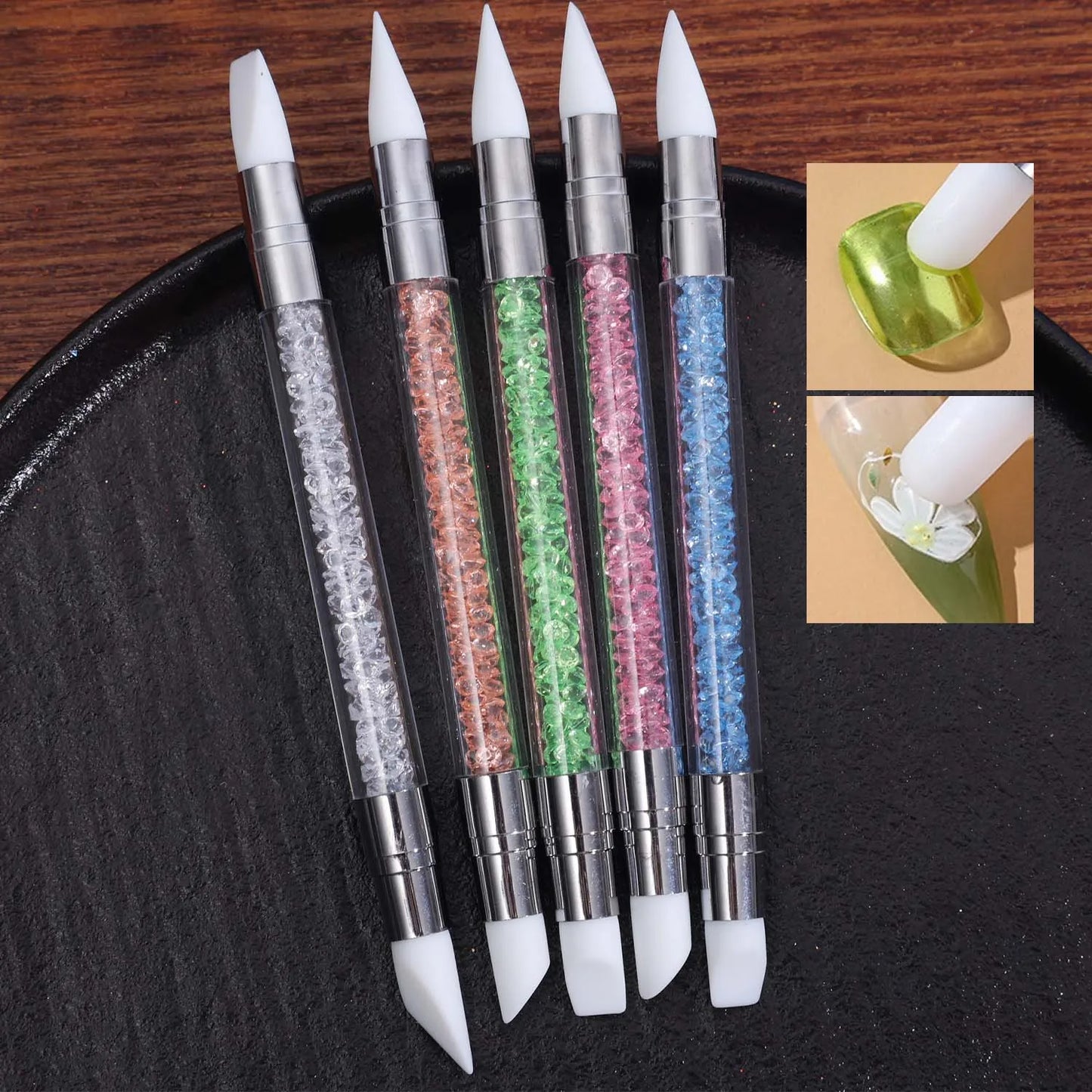 5Pcs White Sculpture Dotting Pen Nail Art Brush Tool Colorful Crystal Dual-head Carving Flower Painting Pen DIY Manicure Tools