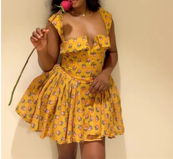 French Midi Dresses U-Neck Flower Print High Waisted A-Line Irregular Short Dresses Women's Summer Elegant Sexy Slim Fit Dress