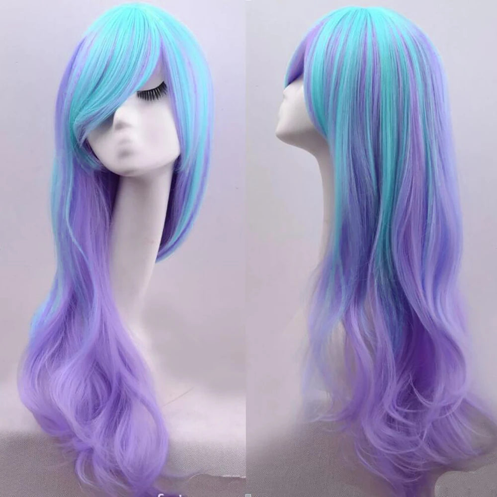 Soowee Synthetic Hair Ombre Rainbow Cosplay Wig with Bangs Red Yellow Purple Green Blue Wigs for Black Women