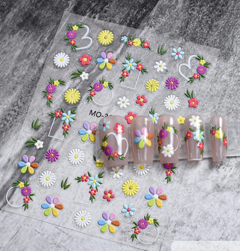5d Embossed Nail Art Stickers Golden Lines Semi-Transparent Purple Blue Flowers Decals Decorations For Nail Tips Manicures