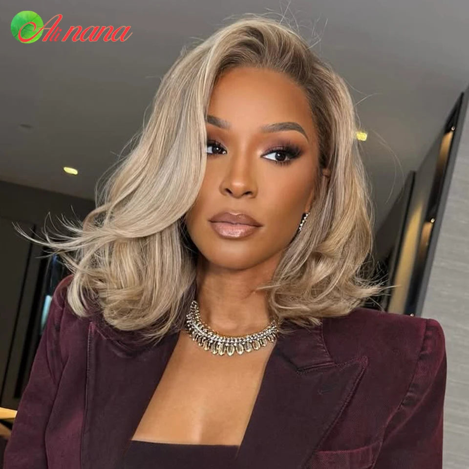 Ash Blonde Colored 13x4 Lace Frontal Wigs Ombre Short Bob Wig 180% Density Wavy Human Hair Wigs For Women Body Wave Hairstyle