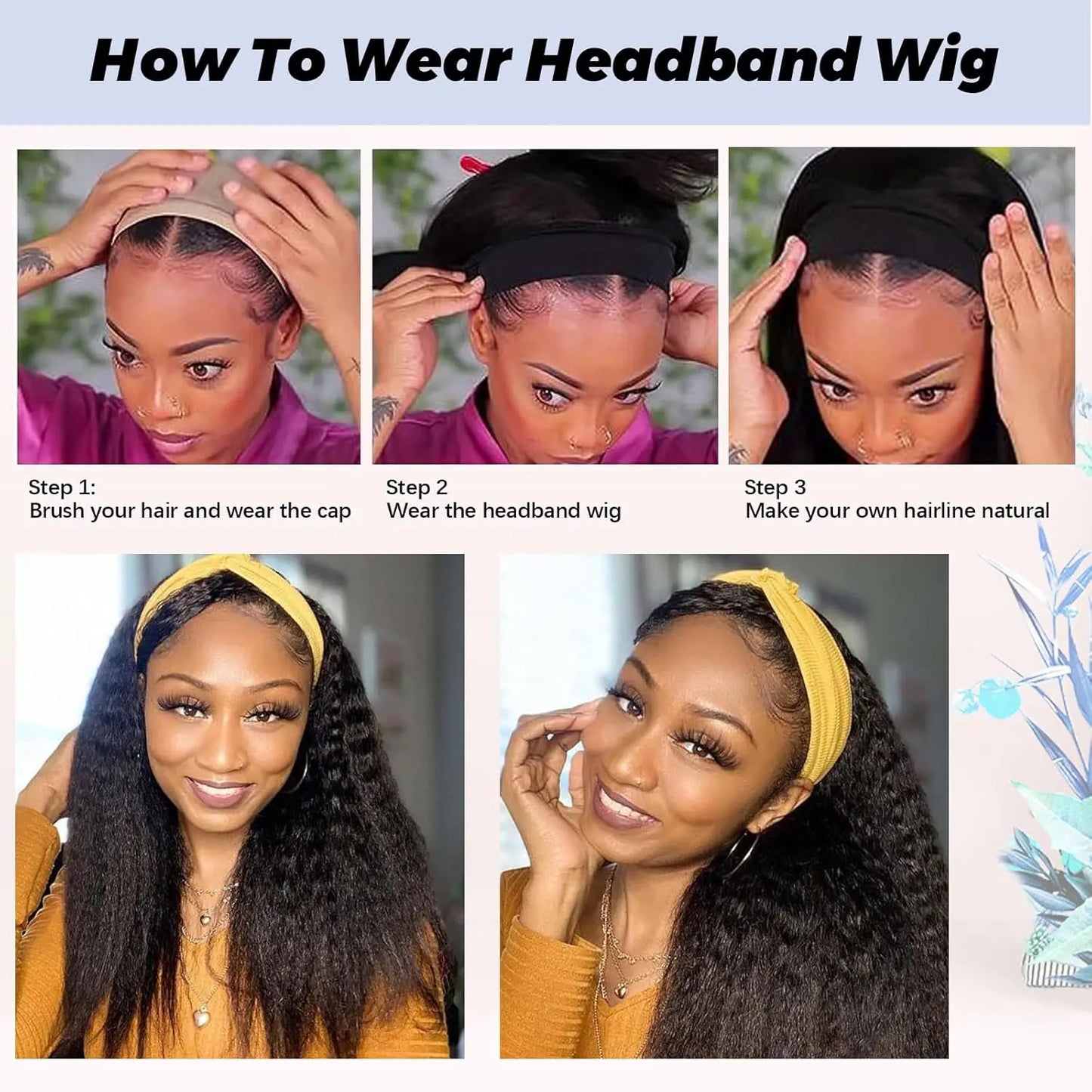 Long Kinky Straight Hair Wigs for Black Women, Synthetic Headband Wig, Hair Band Attached Half Wig, Full Machine Made, None Lace