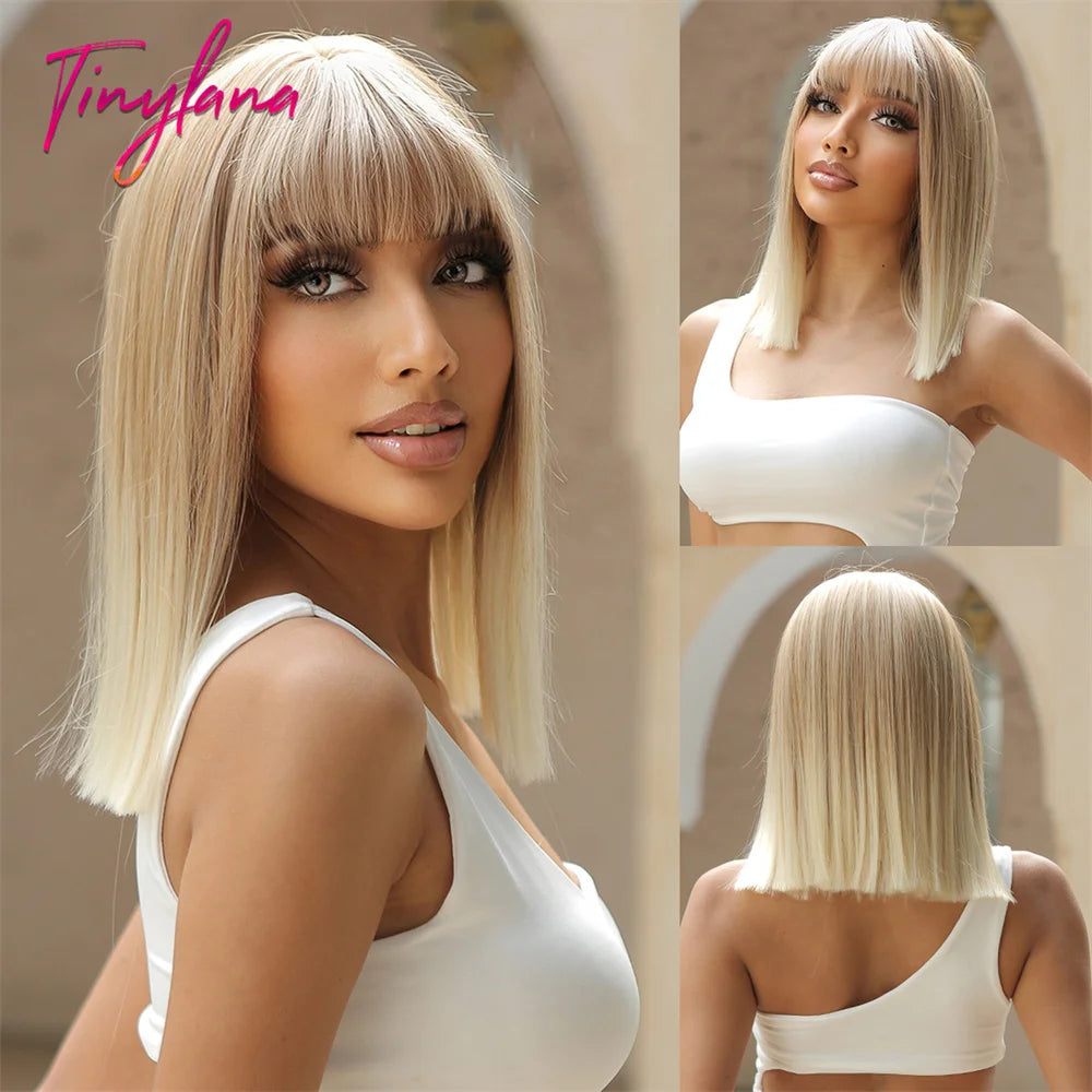 Short Straight Bob Gray Ash Blonde Synthetic Wigs with Bangs Natural Blunt Cut Hair Wig for White Women Daily Heat Resistant