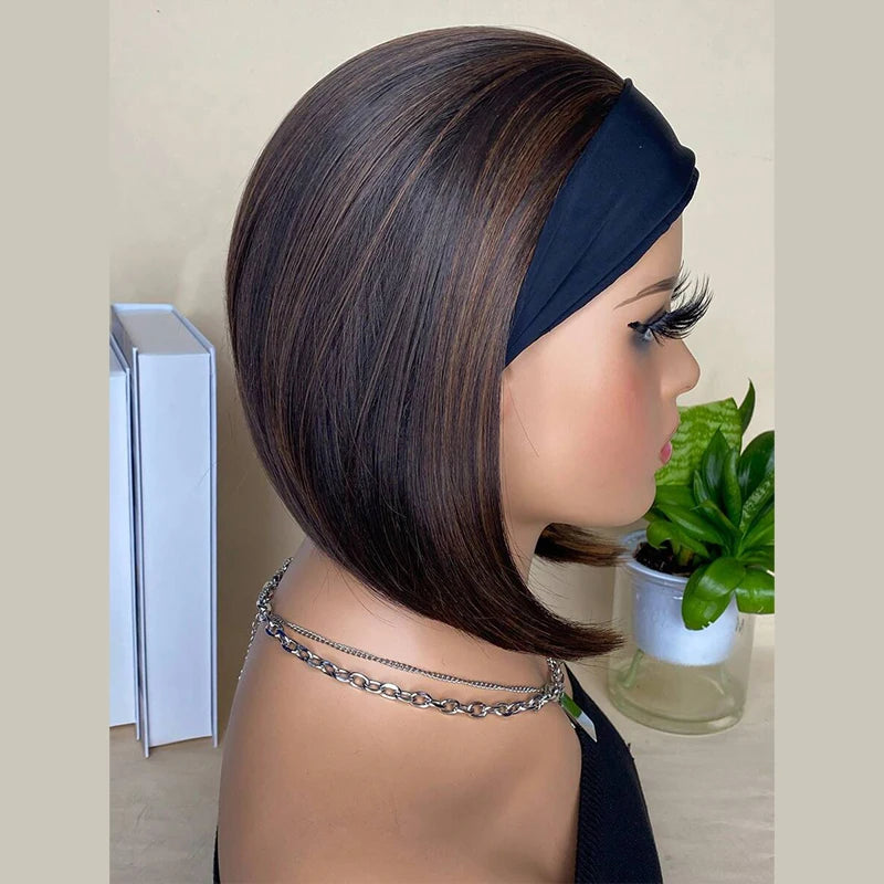10 inch short headband bob wig, short straight hair high temperature resistant fashion turban synthetic wig brown mix black