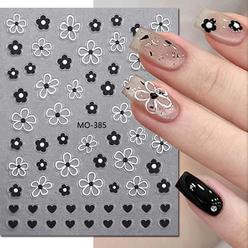 5d Embossed Nail Art Stickers Golden Lines Semi-Transparent Purple Blue Flowers Decals Decorations For Nail Tips Manicures
