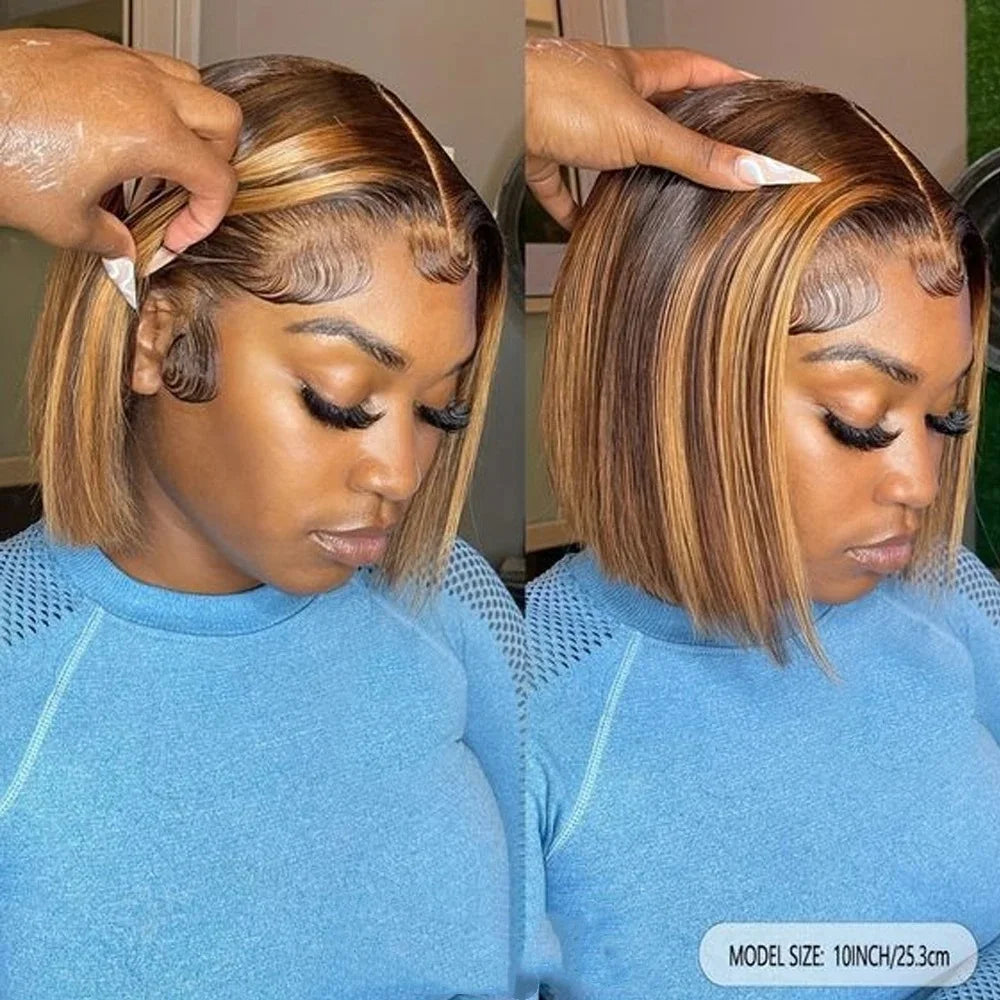 P4/27 Straight Short Bob Wig Human Hair Highlight Blonde Lace Front Wigs 13x4 HD Transparent Lace Frontal Wig For Black Women