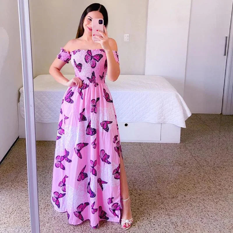 Elegant Off Shoulder Dress Summer Fashion Dresses High Waist Flower Print Short Sleeve Vestidos Robe Clothing
