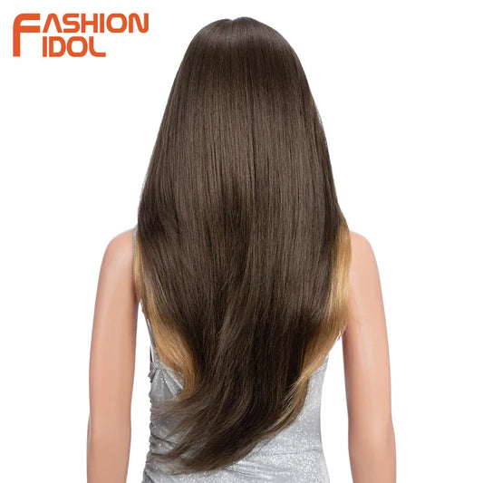FASHION IDOL 26 Inch Yaki Straight Lace Front Wig Synthetic Hair Ombre Blonde Cosplay Wigs Heat Resistant Fiber Synthetic Hair