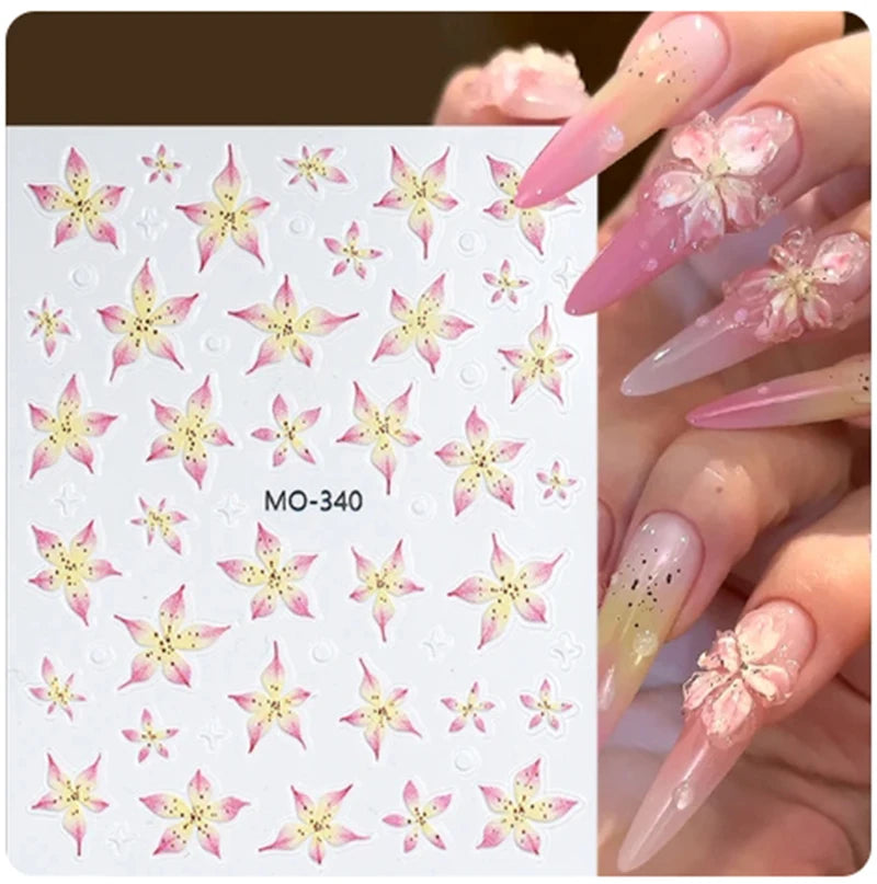 5d Embossed Nail Art Stickers Golden Lines Semi-Transparent Purple Blue Flowers Decals Decorations For Nail Tips Manicures