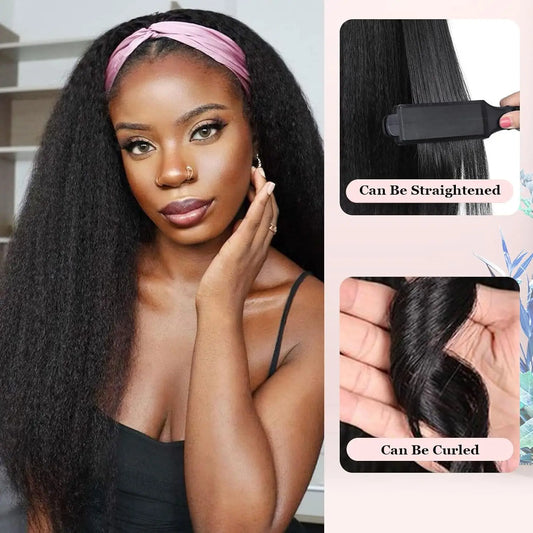 Long Kinky Straight Hair Wigs for Black Women, Synthetic Headband Wig, Hair Band Attached Half Wig, Full Machine Made, None Lace
