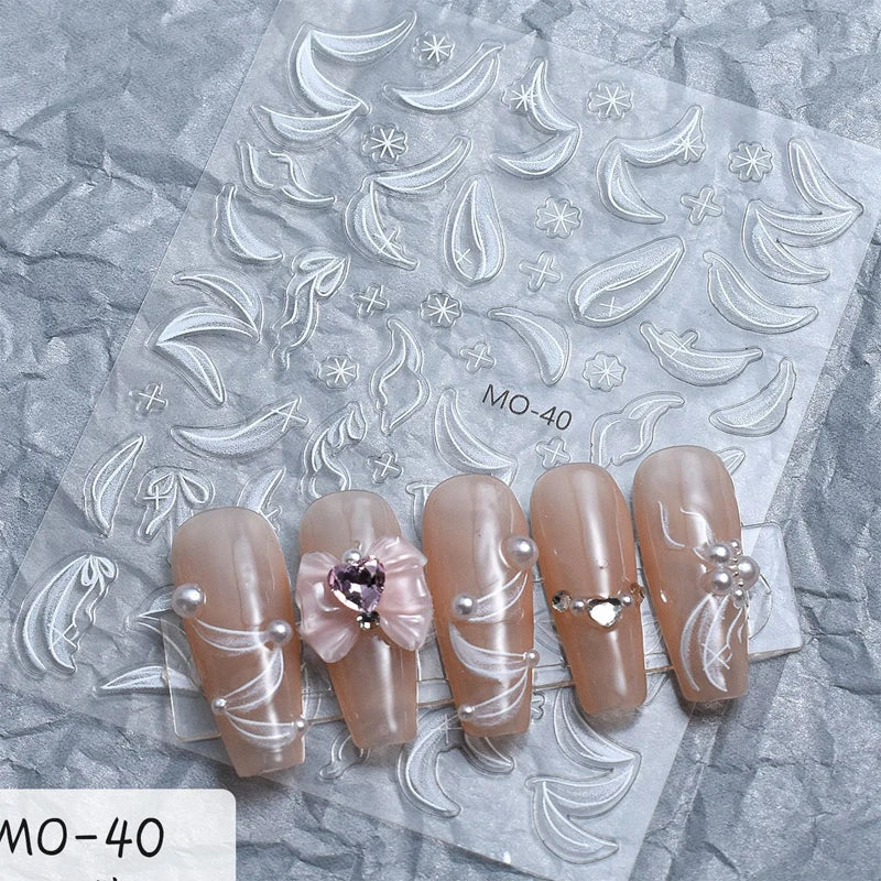 5d Embossed Nail Art Stickers Golden Lines Semi-Transparent Purple Blue Flowers Decals Decorations For Nail Tips Manicures