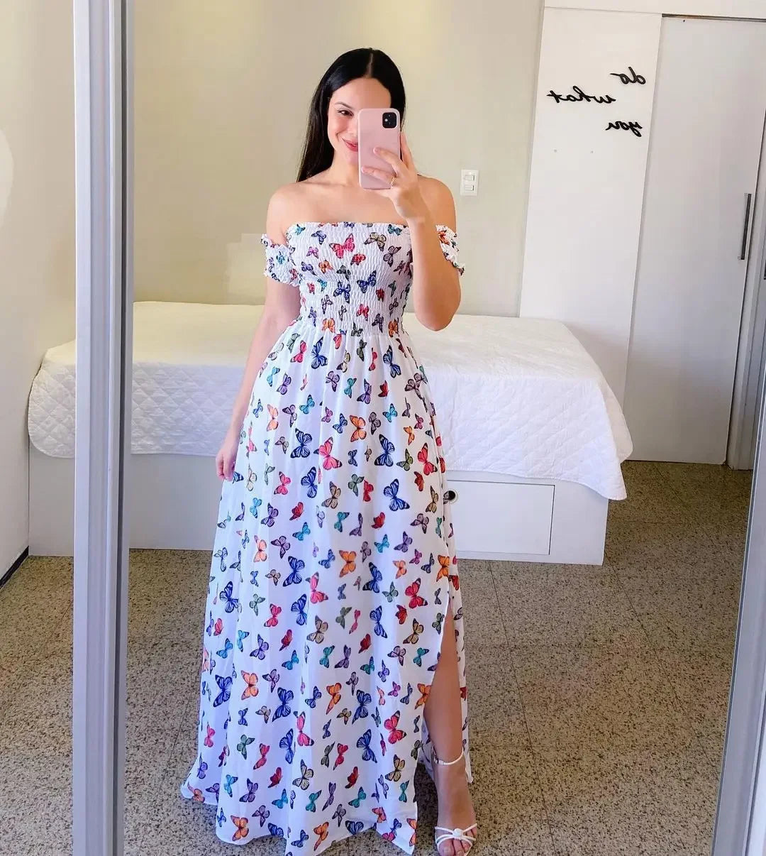 Elegant Off Shoulder Dress Summer Fashion Dresses High Waist Flower Print Short Sleeve Vestidos Robe Clothing
