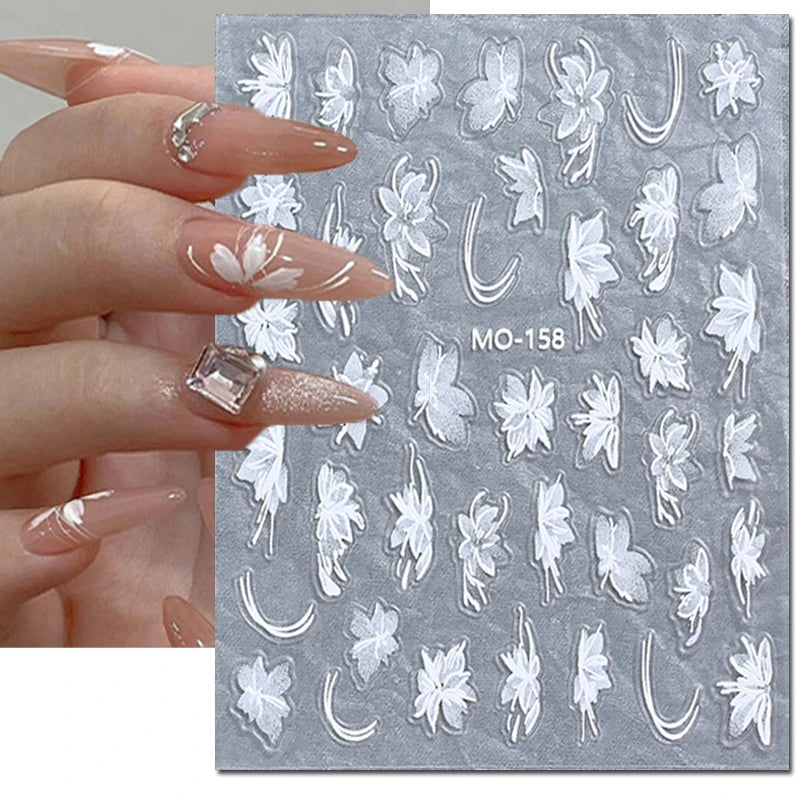 5d Embossed Nail Art Stickers Golden Lines Semi-Transparent Purple Blue Flowers Decals Decorations For Nail Tips Manicures