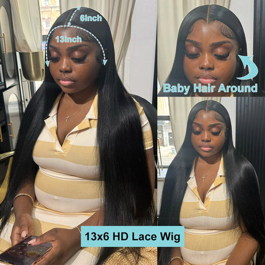 200 Density Bone Straight 13x6 HD Lace Front Human Hair Wigs 30 40 Inch Brazilian 13x4 Transparent Lace Frontal Wig For Women